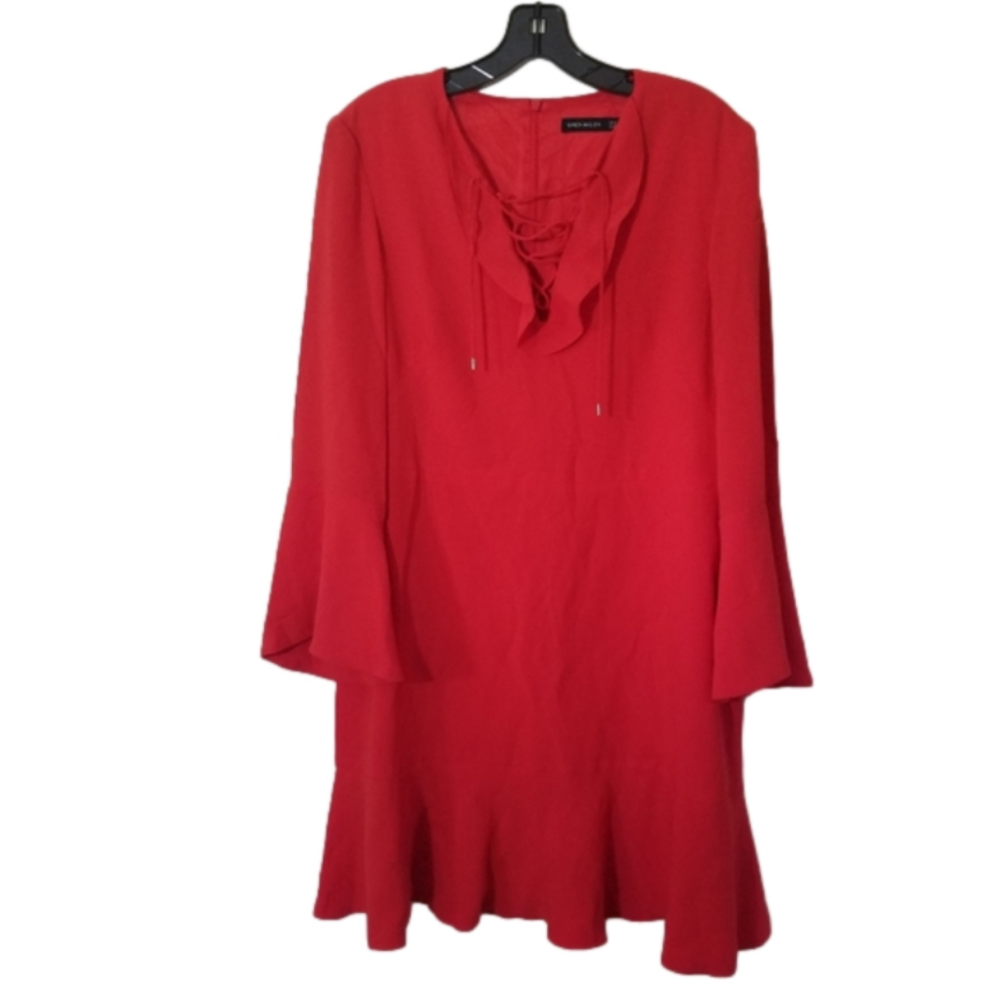 Karen Millen Red Long Sleeve Lace-Up Ruffle Dress